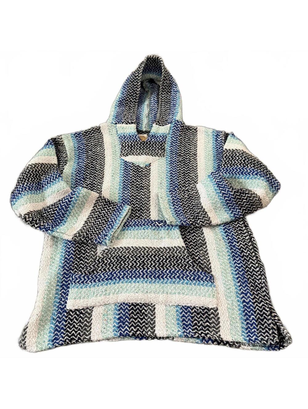 Baja Hoodie Drug Rug Pullover Surf Skate Mexican Blanket Blue Vintage XL